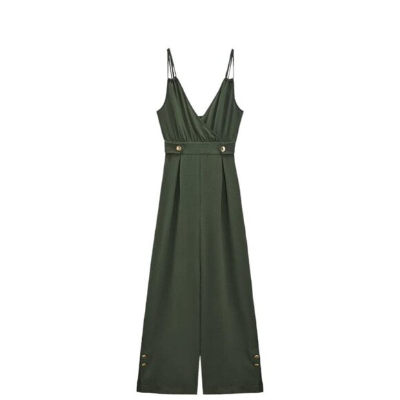 ZARA FULL LENGTH GOLD BUTTON JUMPSUIT KHAKI SIZE M | 4387/222 - Picture 1 of 4